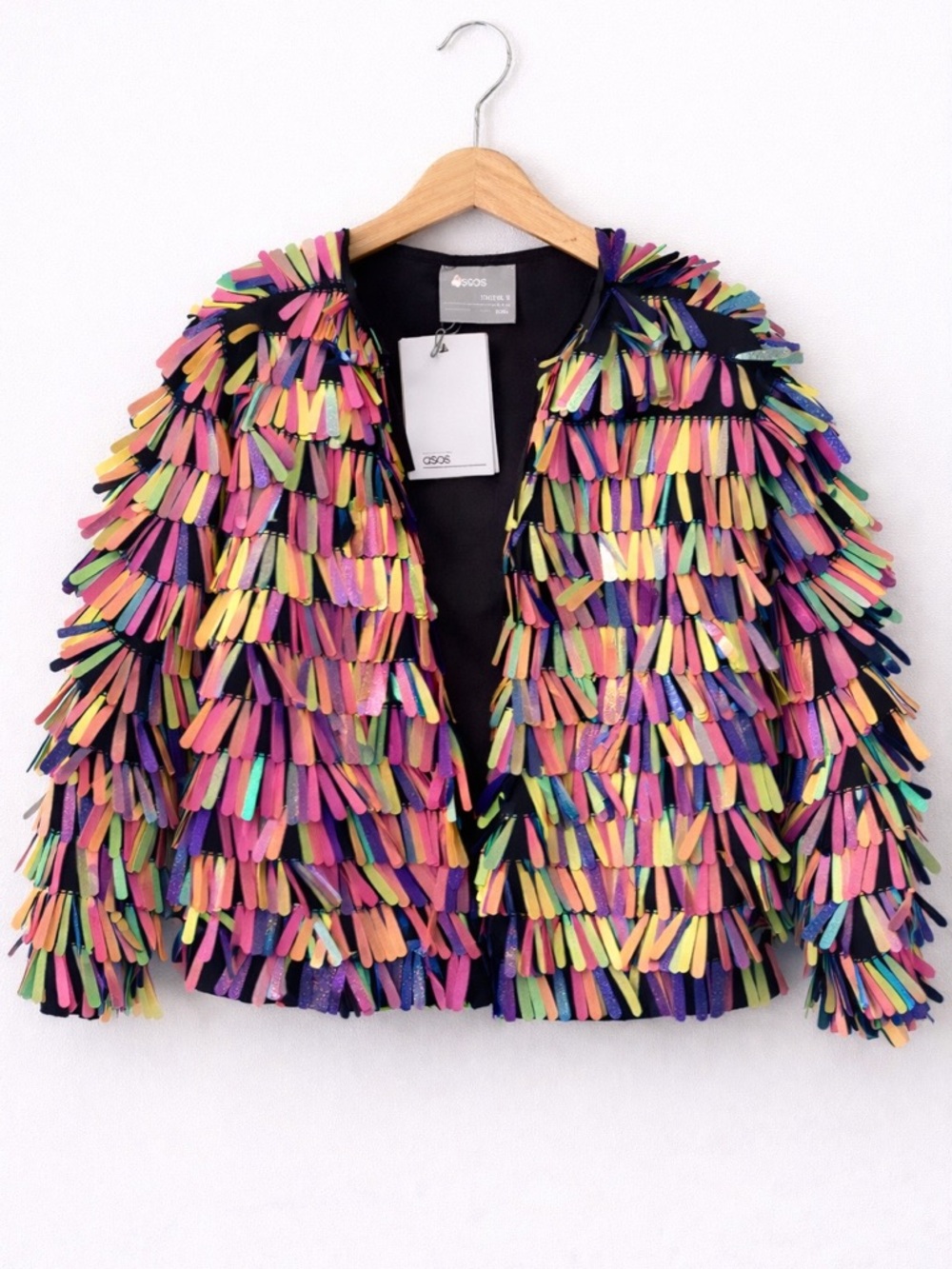 NWT ASOS Rainbow Sequin Fringe Bomber Jacket, Size 4